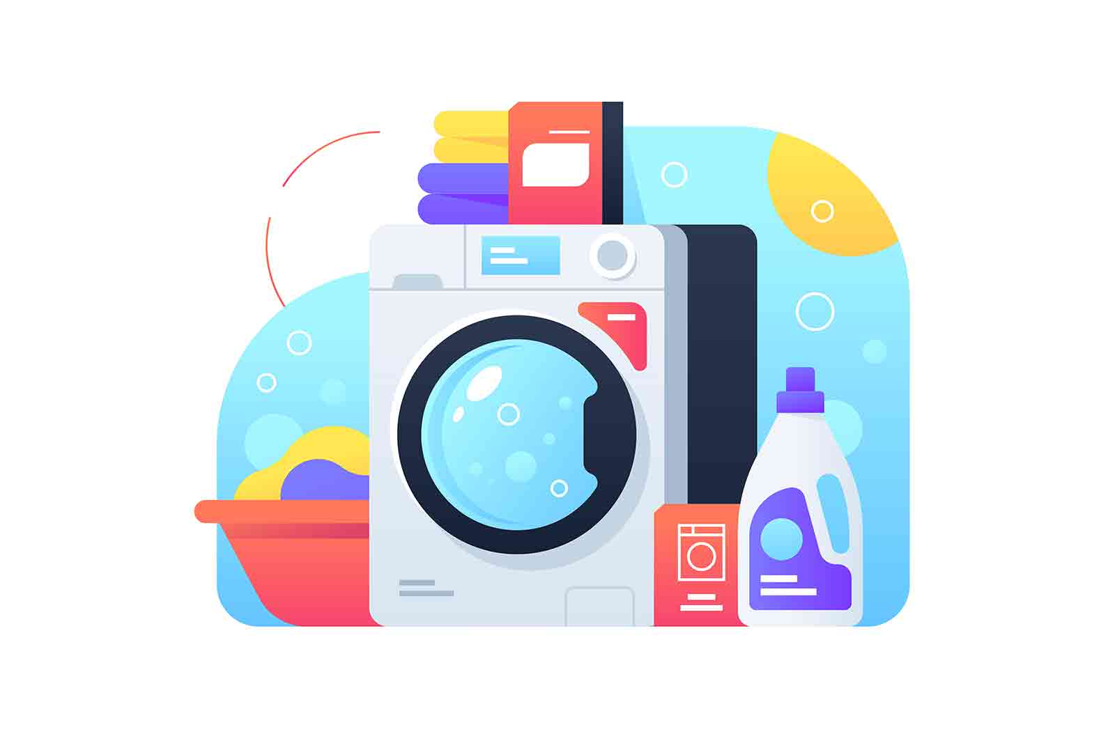 Laundry using washing machine with powder and cleaning products. Isolated icon concept of modern clothes clean using bubble. 