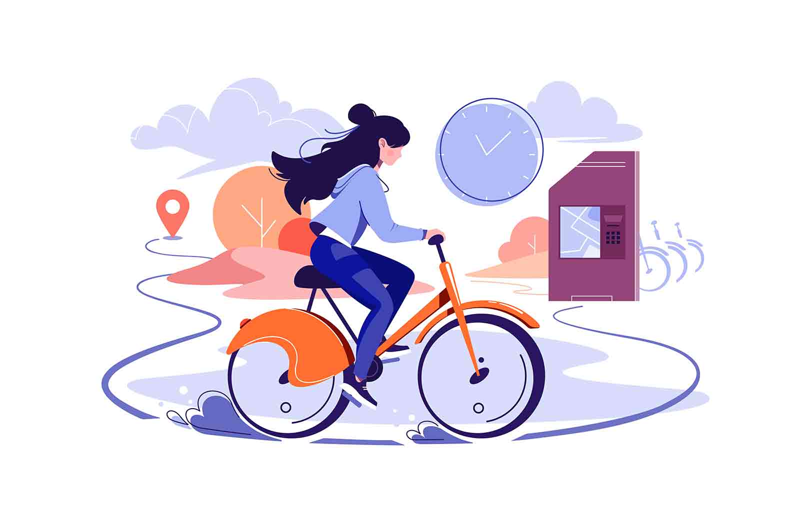 Public city bicycle rental business vector illustration. Woman riding on bike on road flat style. Active leisure, sport, weekend concept