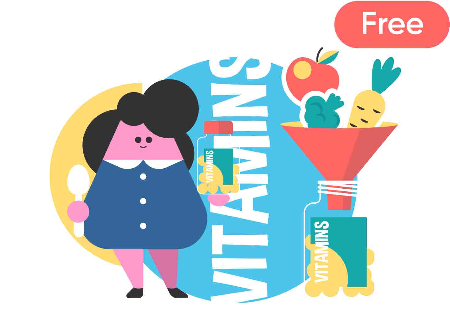Fun illustration series about yang rapidly growing kids that needs in vitamins and what food and practicies helps kids stay healthy. Vector illustrations