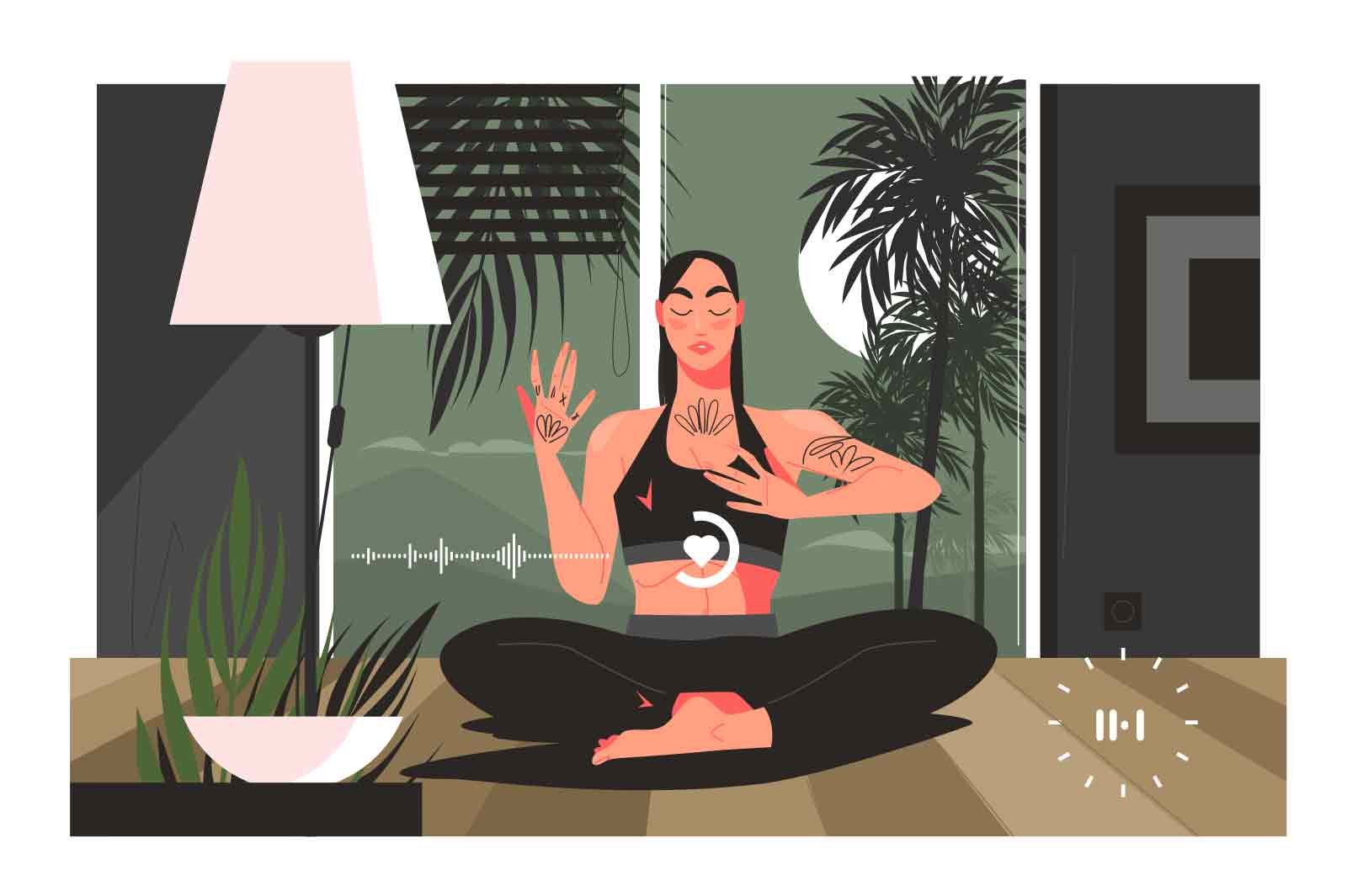 Woman perform breathing training in lotus position vector illustration. Listen and follow voice guide flat style. Meditating, yoga concept