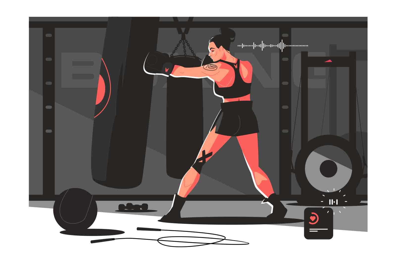 Muscular strong woman boxing in gym vector illustration. Professional equipment for training flat style. Sport, physical activity concept