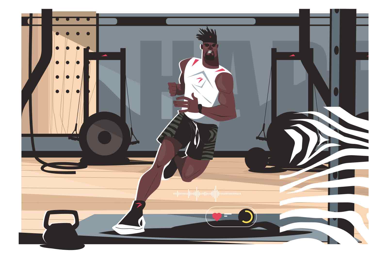 Guy in process of intense workout for whole body vector illustration. Black man training in gym flat style. Sport, active lifestyle concept
