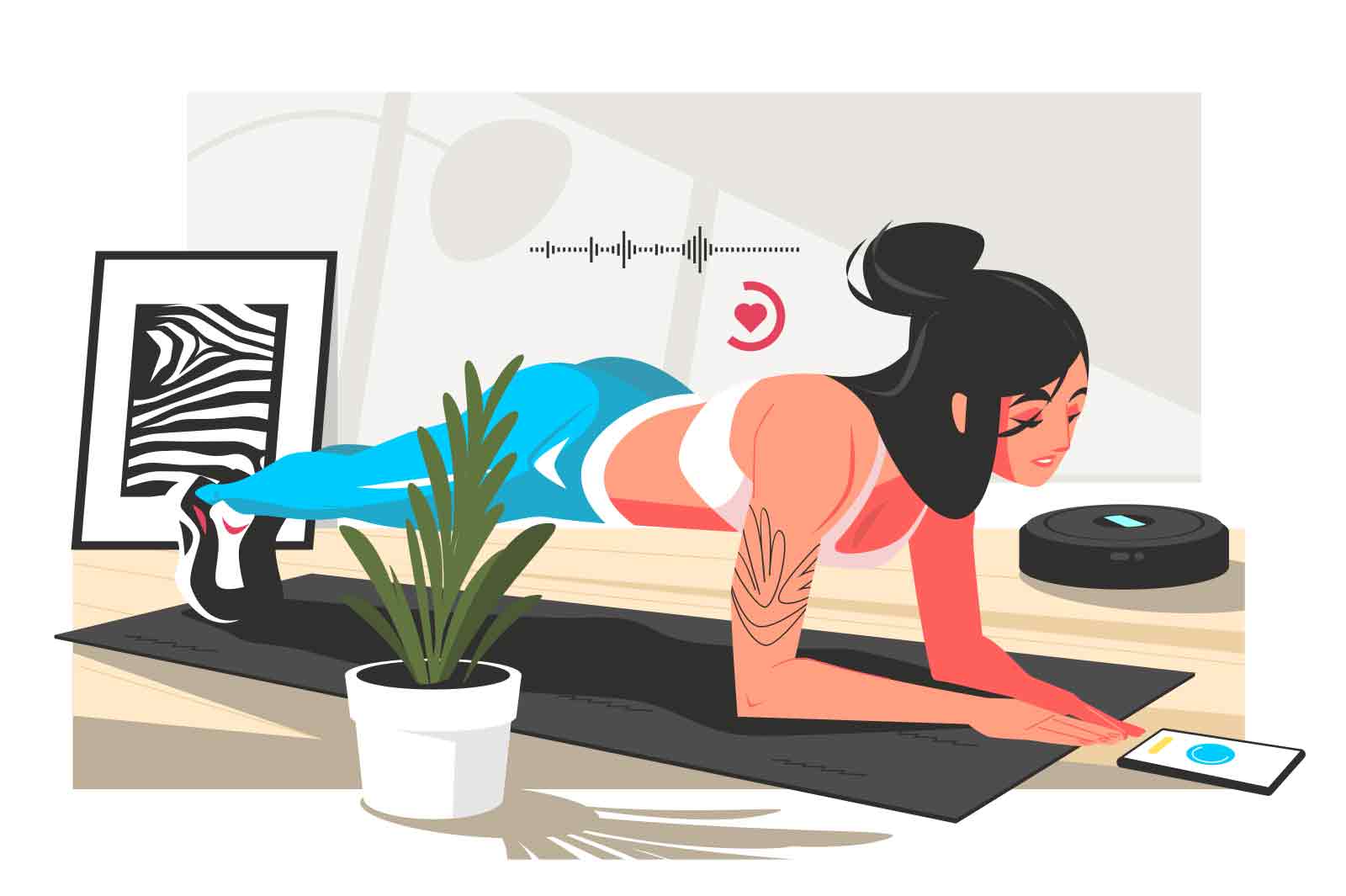 Character doing home sports follow instructions on phone vector illustration. Girl perform exercise flat style. Home workout, sport concept