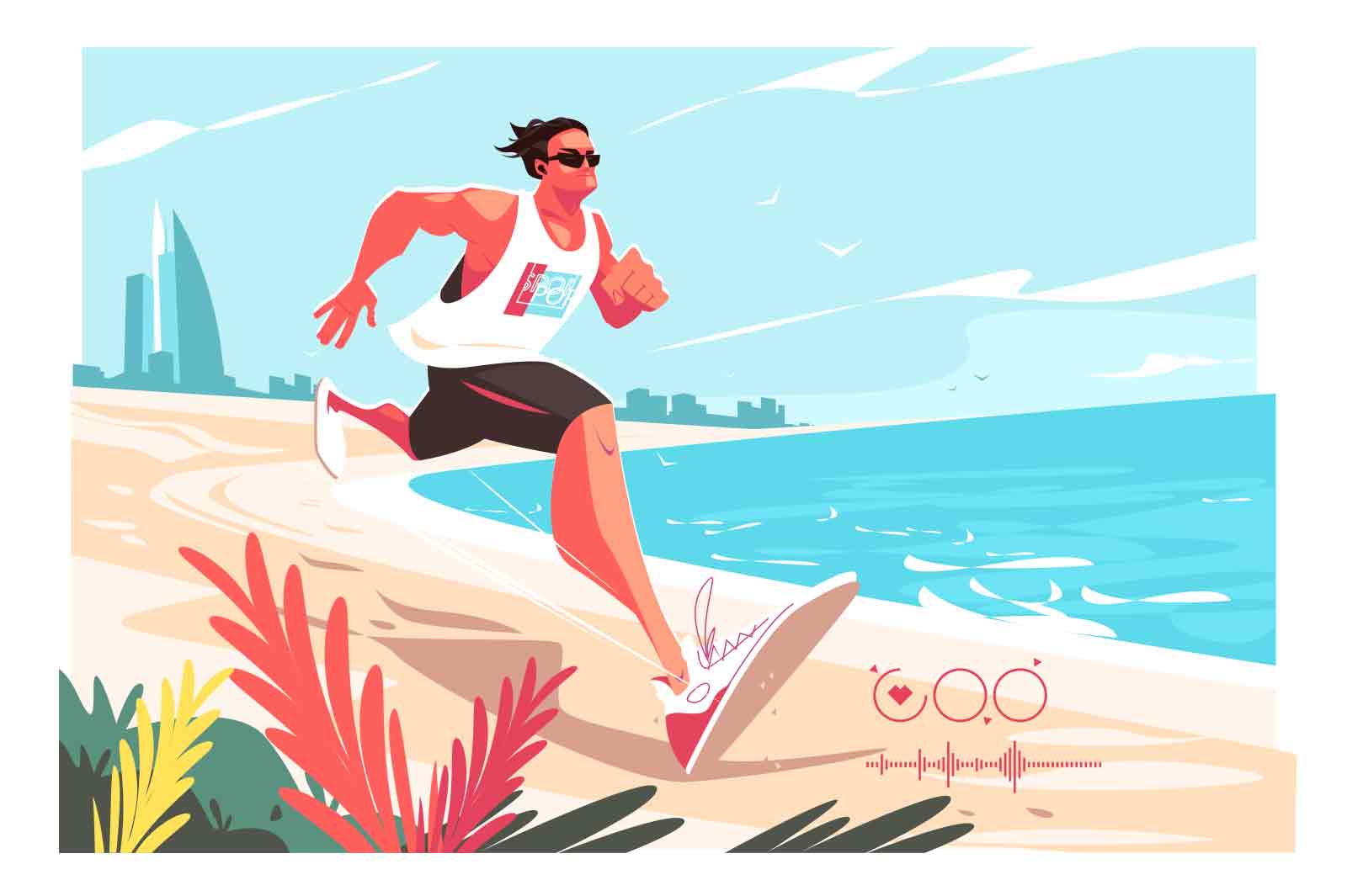 Strong male jogging on beach near ocean vector illustration. Hold tempo while running flat style. Active lifestyle, nature, health concept