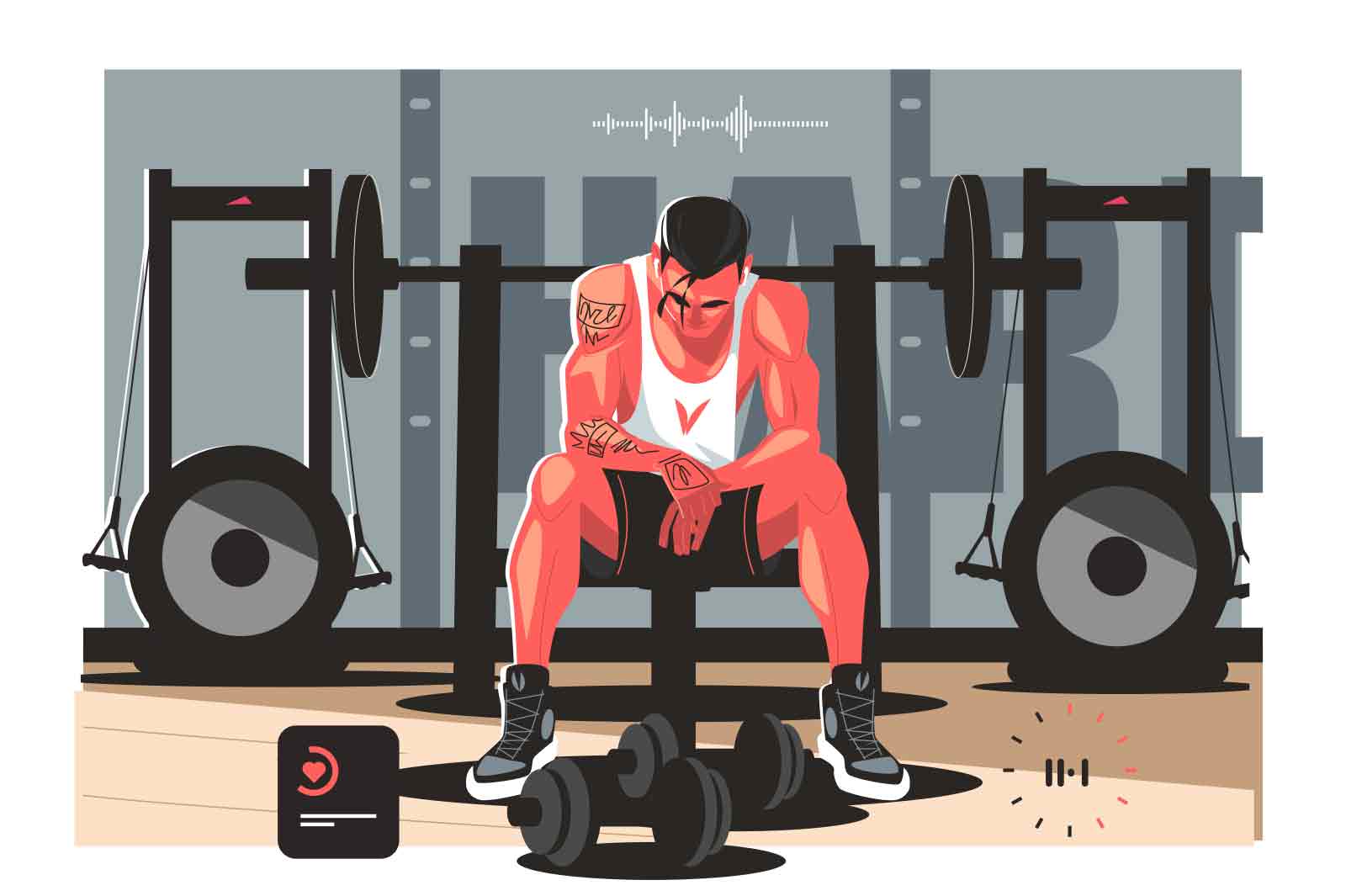 Strong man sit after workout with pleasant tiredness vector illustration. Heavy dumbbell, exercise machines flat style. Sport, gym concept