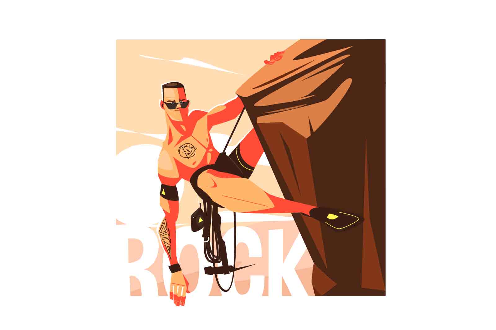 Strong topless rock climber man vector illustration. Climb high mountain with equipment flat style. Conquer top, activity, sport concept