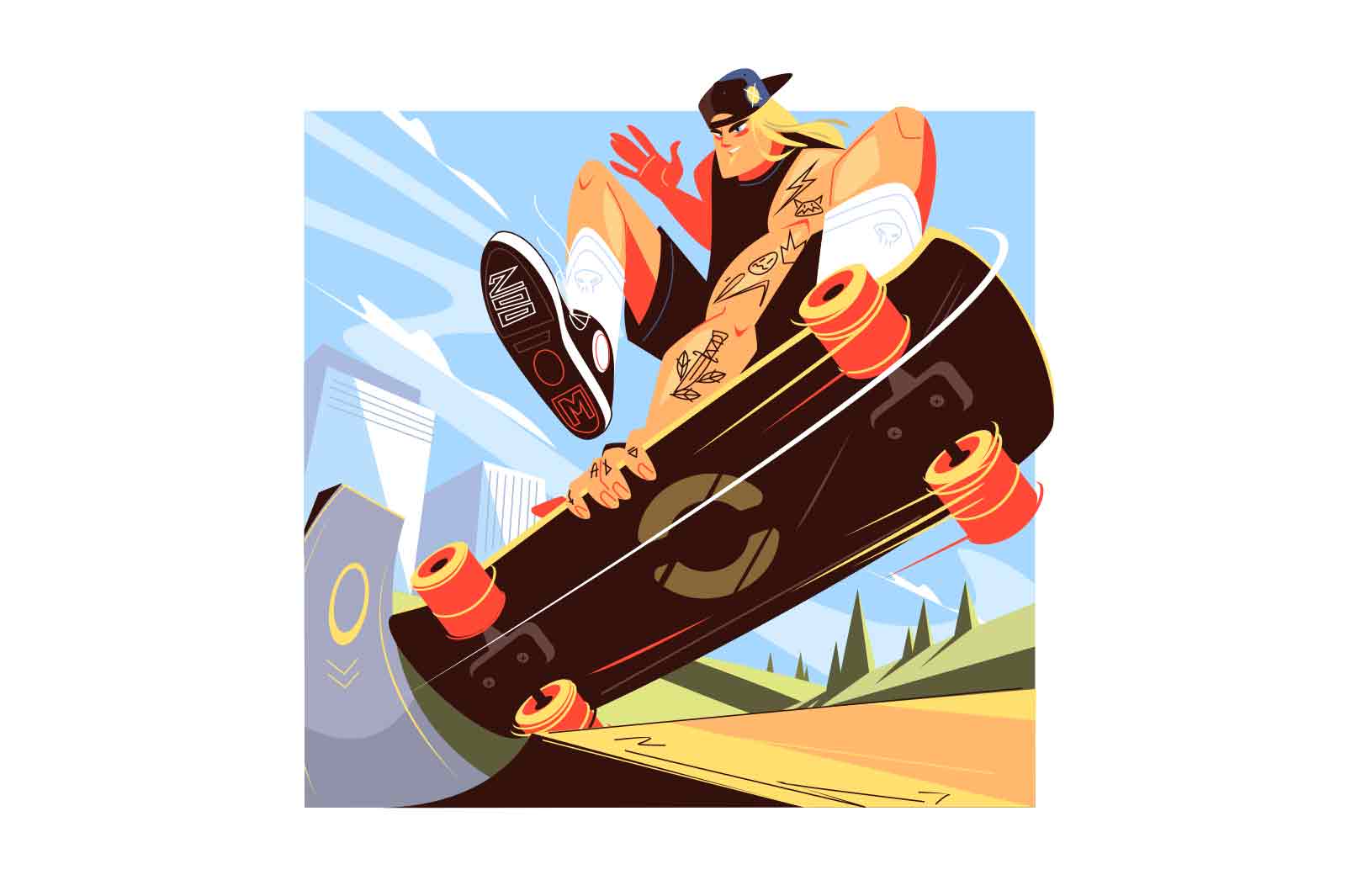 Cool young skater boy on board vector illustration. Guy perform trick on skateboard flat style. Youth, coolness, fun, entertainment concept