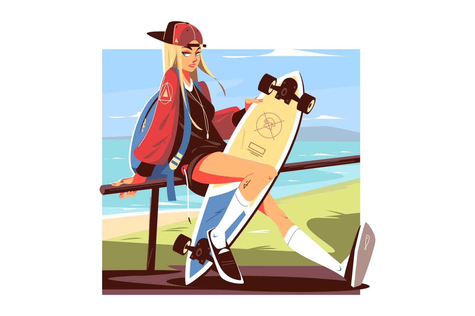 Pretty skater girl sit in park vector illustration. Teenager posing with skateboard, fashionably dressed flat style. Hobby, interest concept