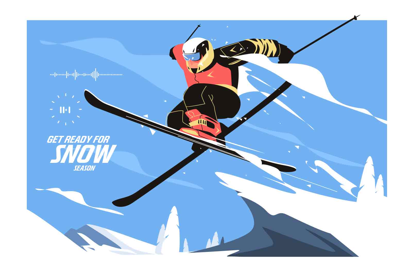 Skier man slide down snowy mountain winter landscape vector illustration. Man enjoy active pastime flat style. Winter sport, holiday concept