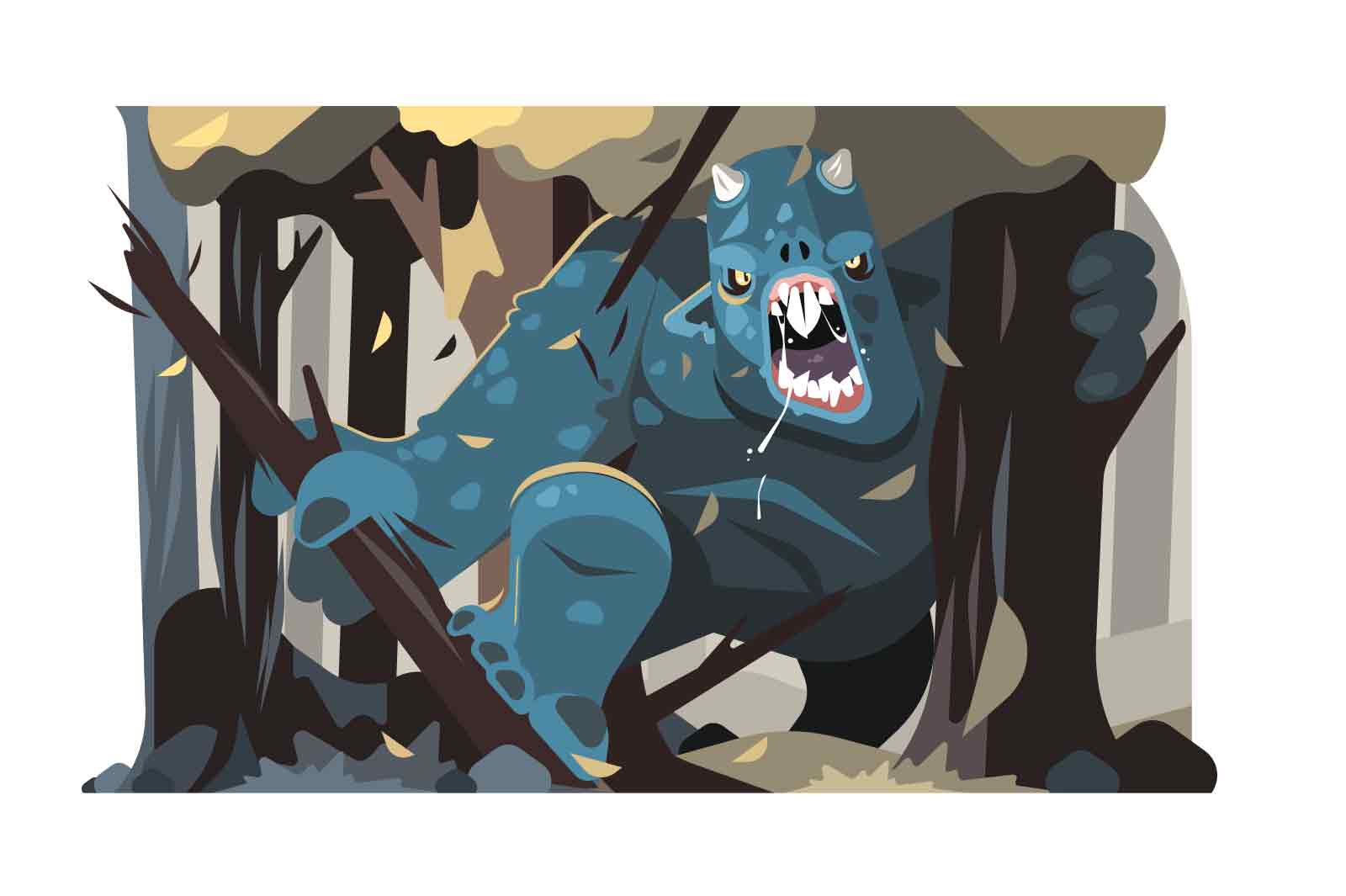 Big grey angry forest troll vector illustration. Forest creature break tree flat style. Uncontrolled forest dweller, destroying concept