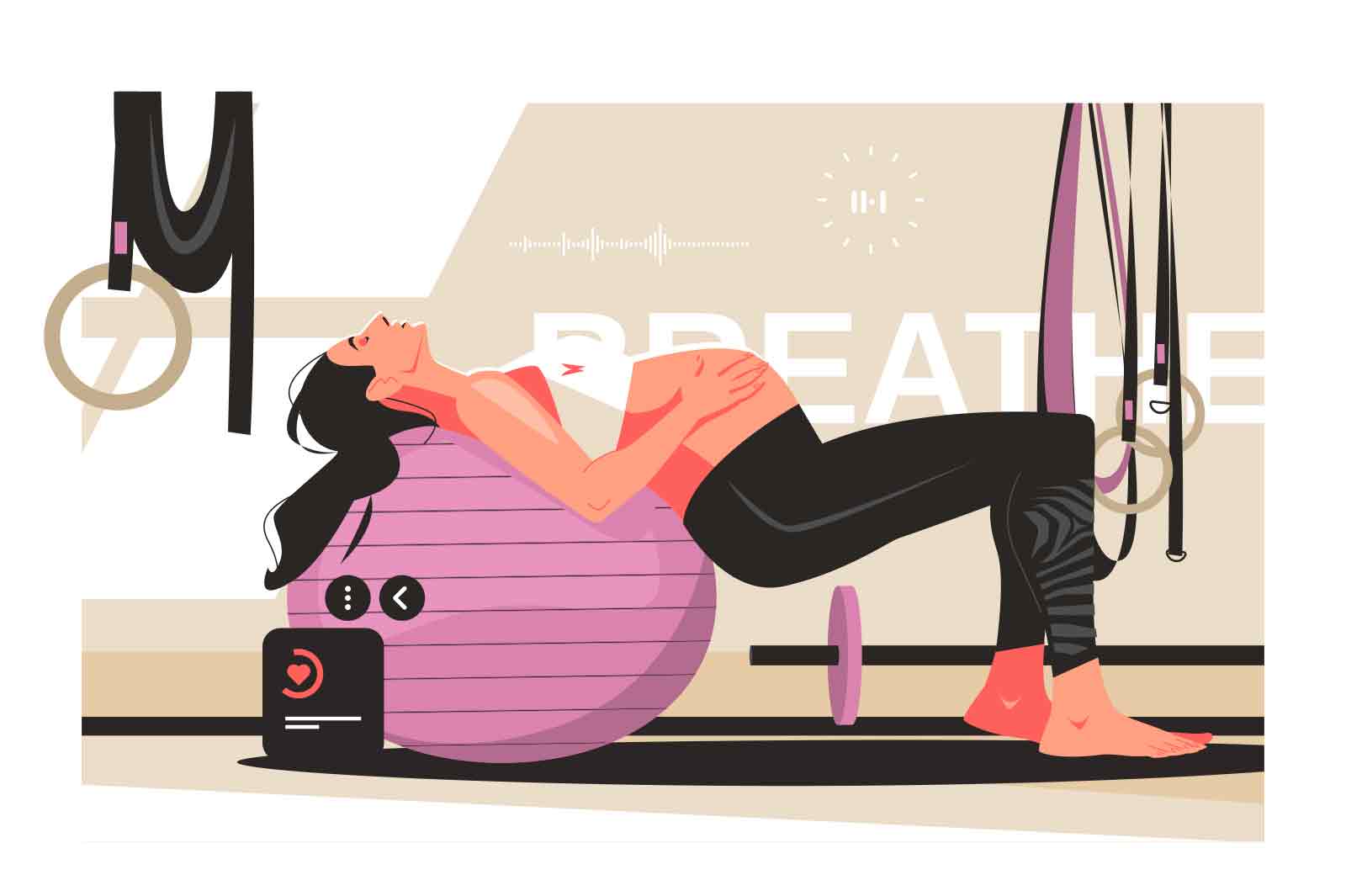 Woman on ball perform workout for pregnant female vector illustration. Pregnant care for body flat style. Sport, physical activity concept