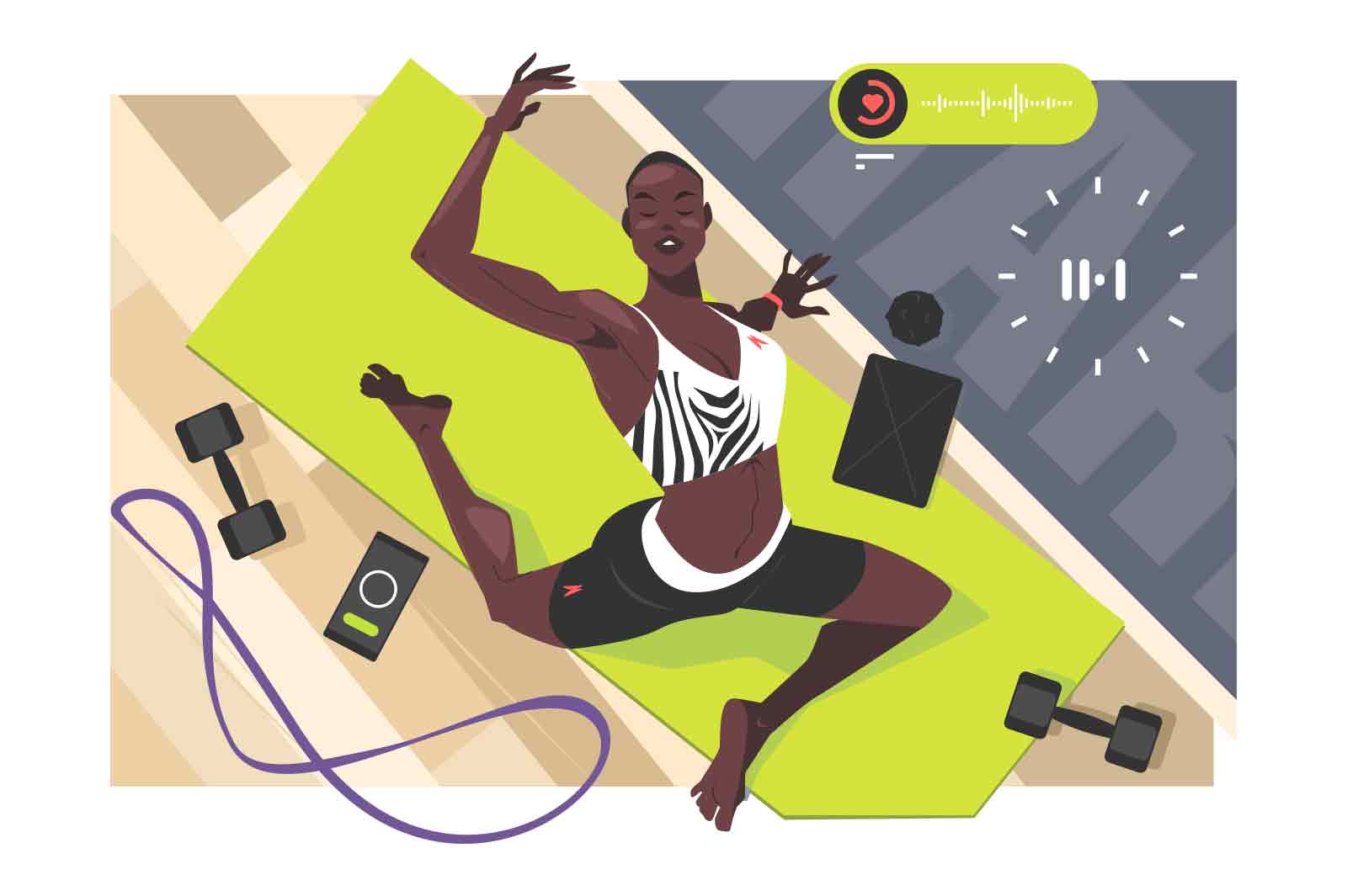 Black woman character do yoga on mat at home vector illustration. Ritual with asana flat style. Lifestyle, stretch, active lifestyle concept