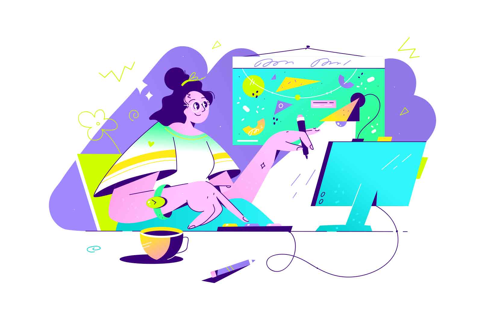 Designer woman create unique work on digital computer vector illustration. Talented girl worker flat style. Creativity, art, design concept