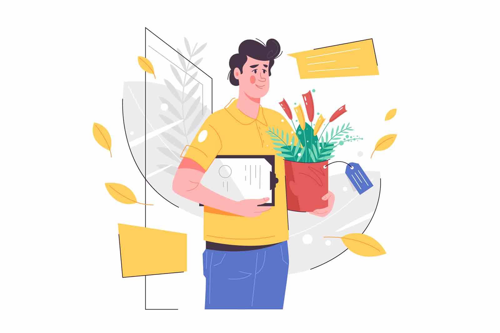 Smiling man courier character deliver flowers to door vector illustration. Man in uniform flat style. Delivery service, high quality concept