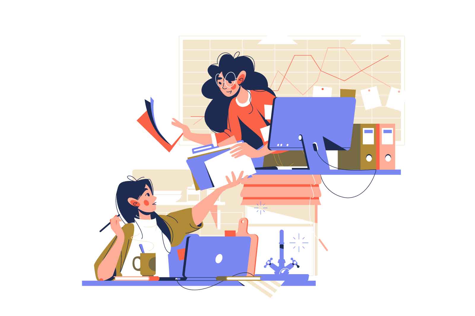 Difference between working from home and office vector illustration. Coworkers share documents flat style. Remote job, freelancer concept