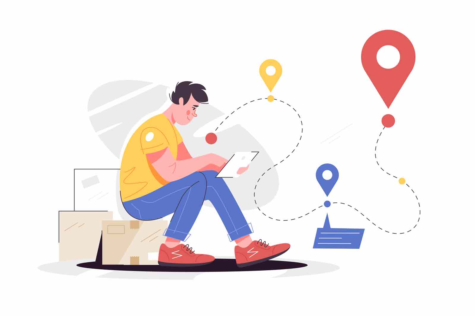 Parcel tracking on mobile phone app vector illustration. Guy use app to find faster current location his parcel,  flat style.