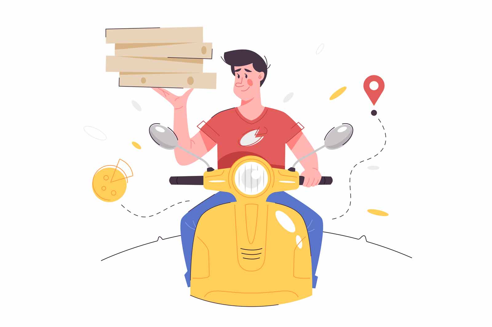 Pizza delivery by man courier on scooter with stack of pizza boxes, vector illustration. Delivery worker ride to receiver house flat style. Delivery concept