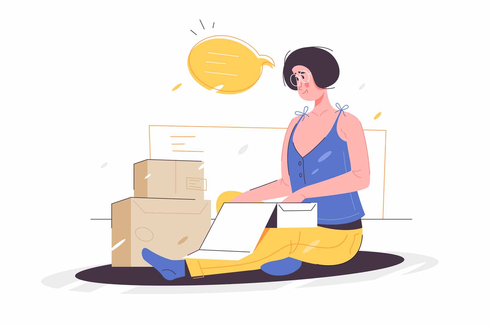 Woman character unpacking box with order or present vector illustration. Girl open cover of box flat style. Gift, order, shopping concept