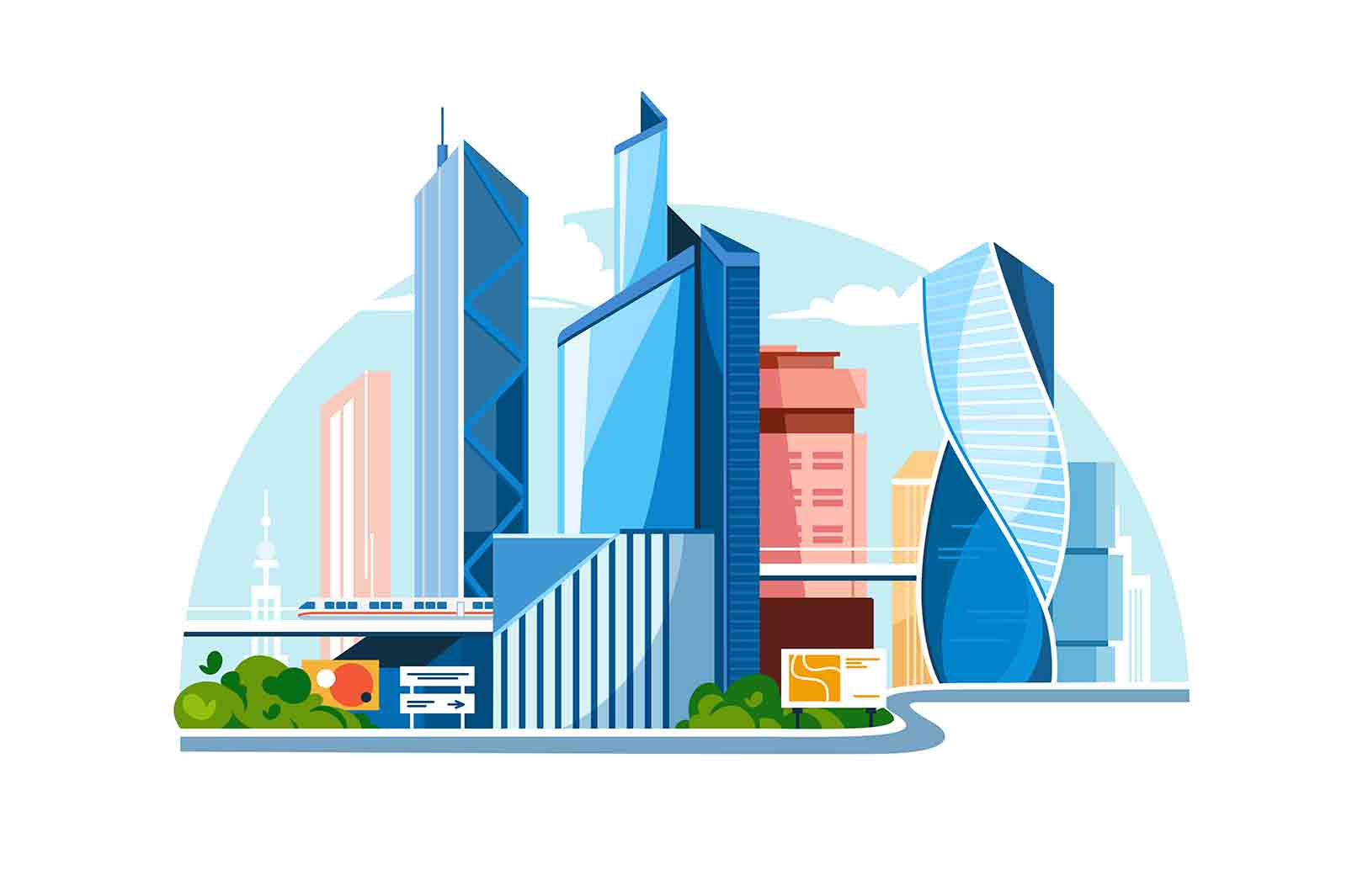 Complex of posh business skyscraper for offices vector illustration. Private territory with modern exterior flat style. Architecture concept
