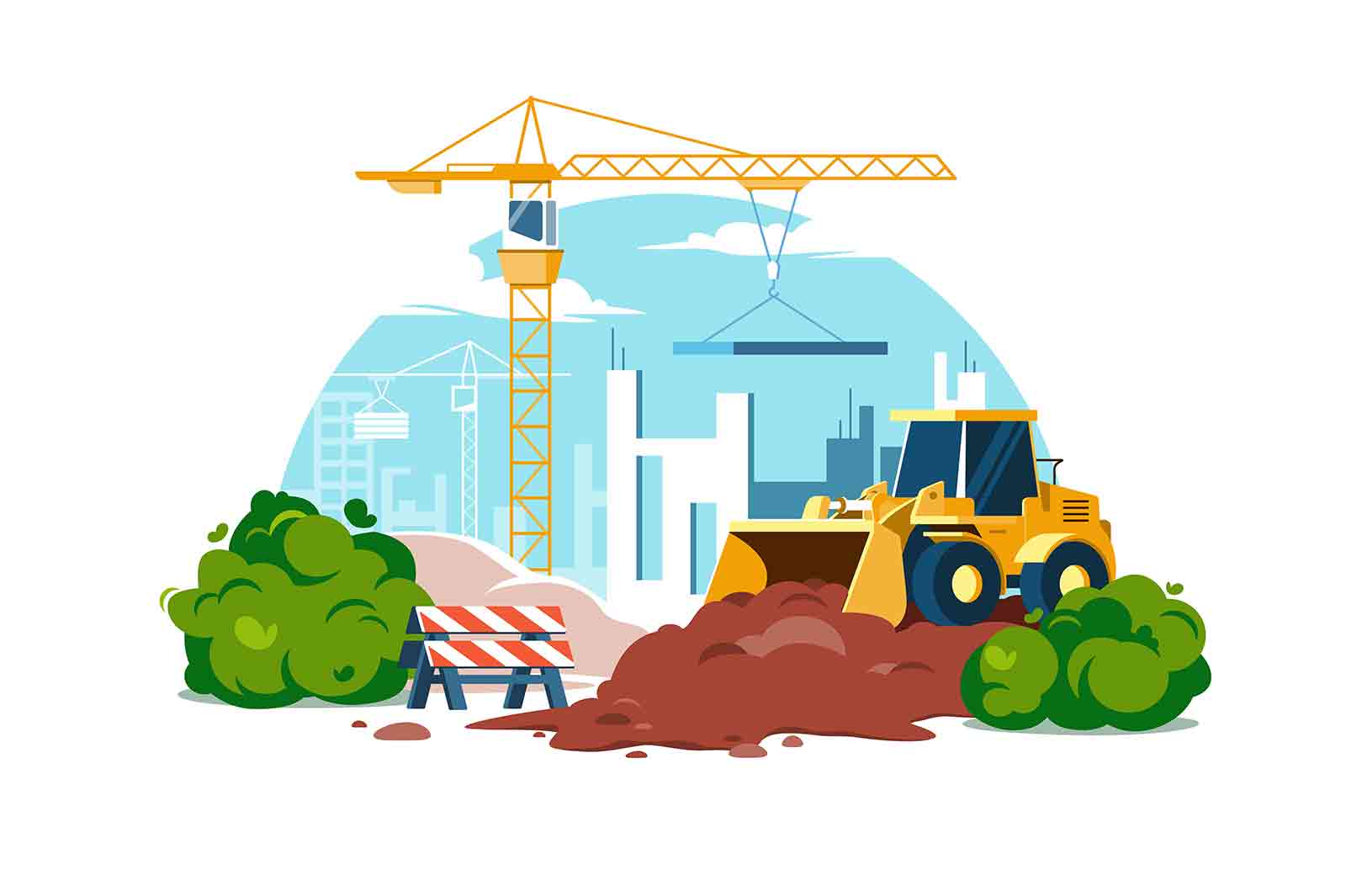 Construction site work in progress with machines vector illustration. Building house with cranes flat style. Infrastructure, rebuild concept