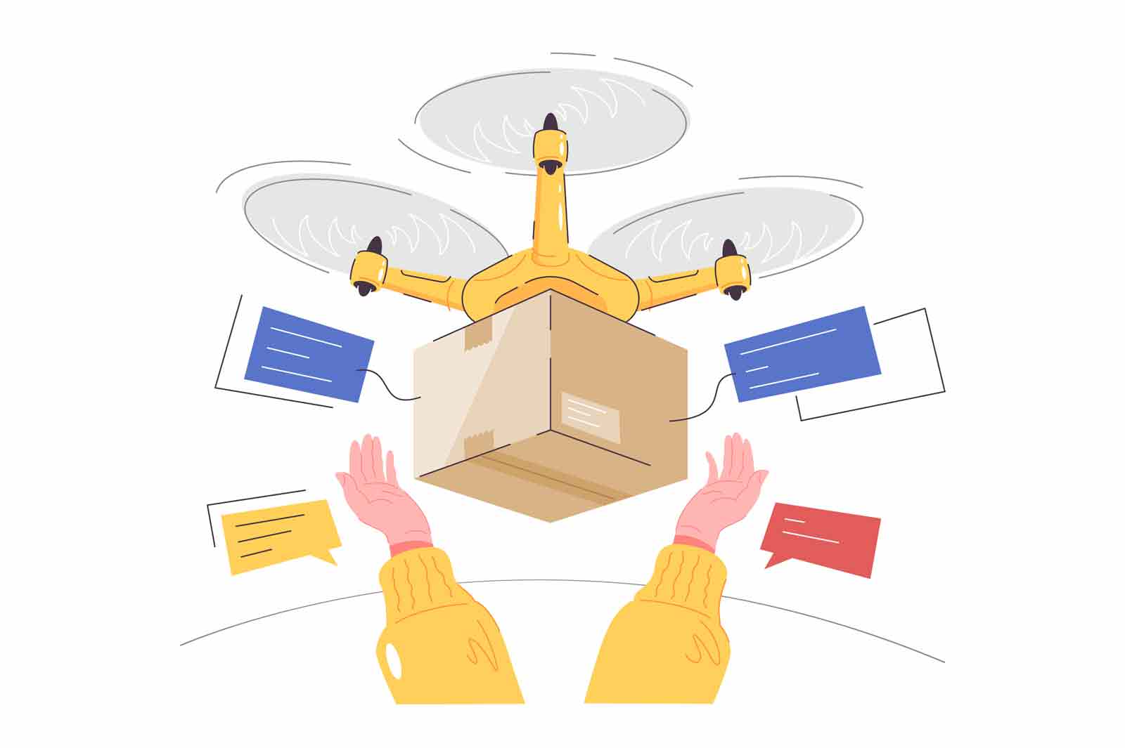 Delivery drones of goods by air using flying vector illustration. Character receive package flat style. Shipping, modern technology concept