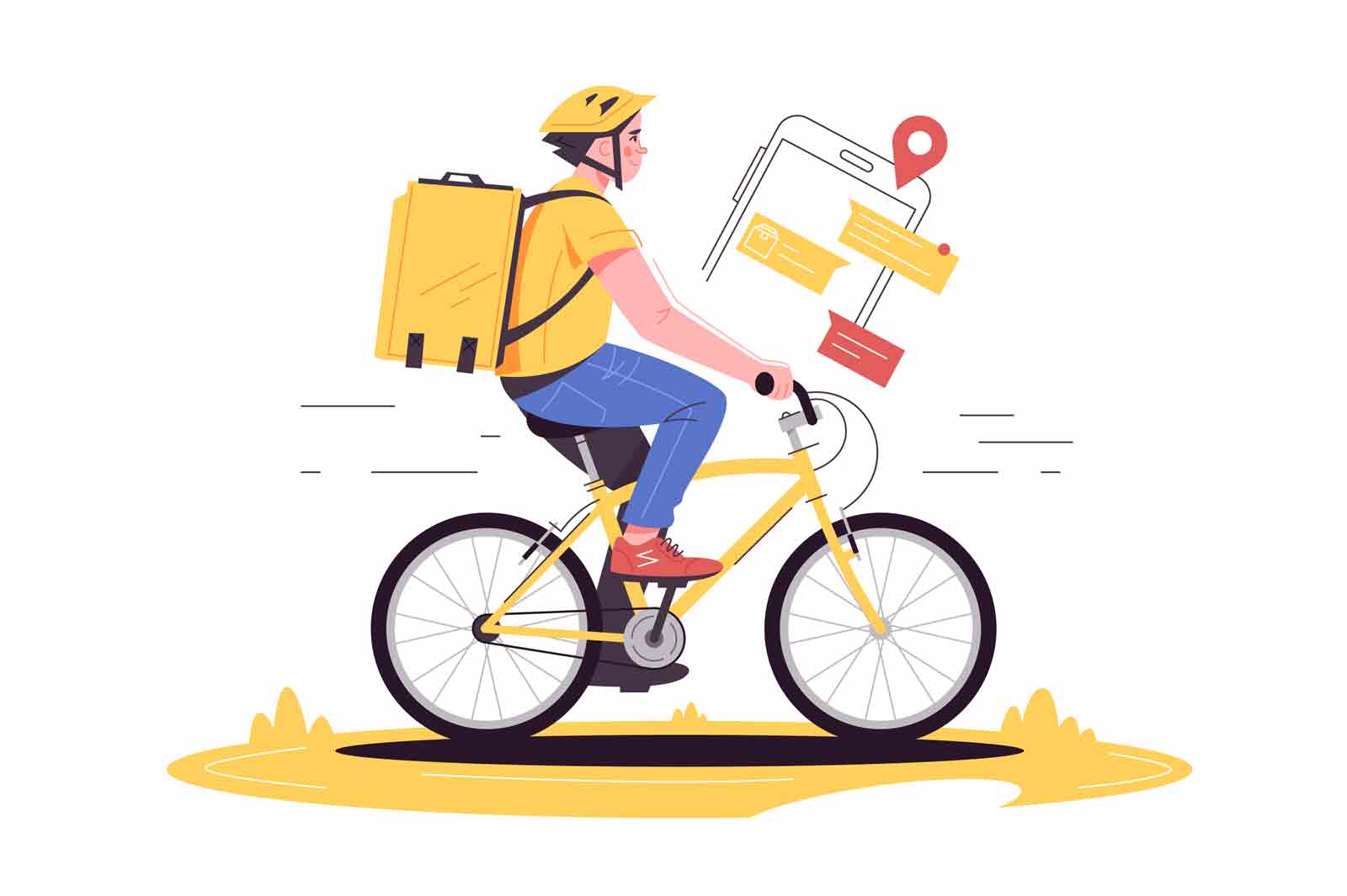 Delivery by bike to location vector illustration. Man courier on bicycle text with receiver flat style. Delivery service, shipping concept