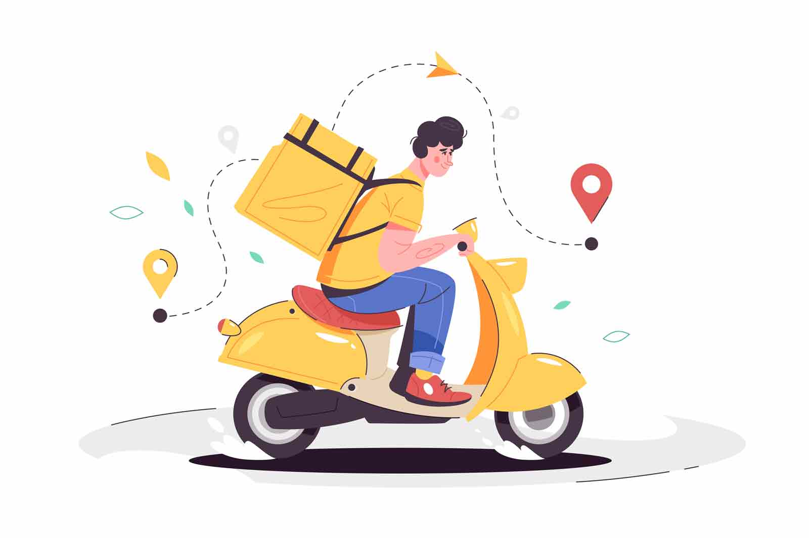 Fast and free delivery by scooter vector illustration. Follow way to receiver place flat style. Shipping, delivery service, courier concept