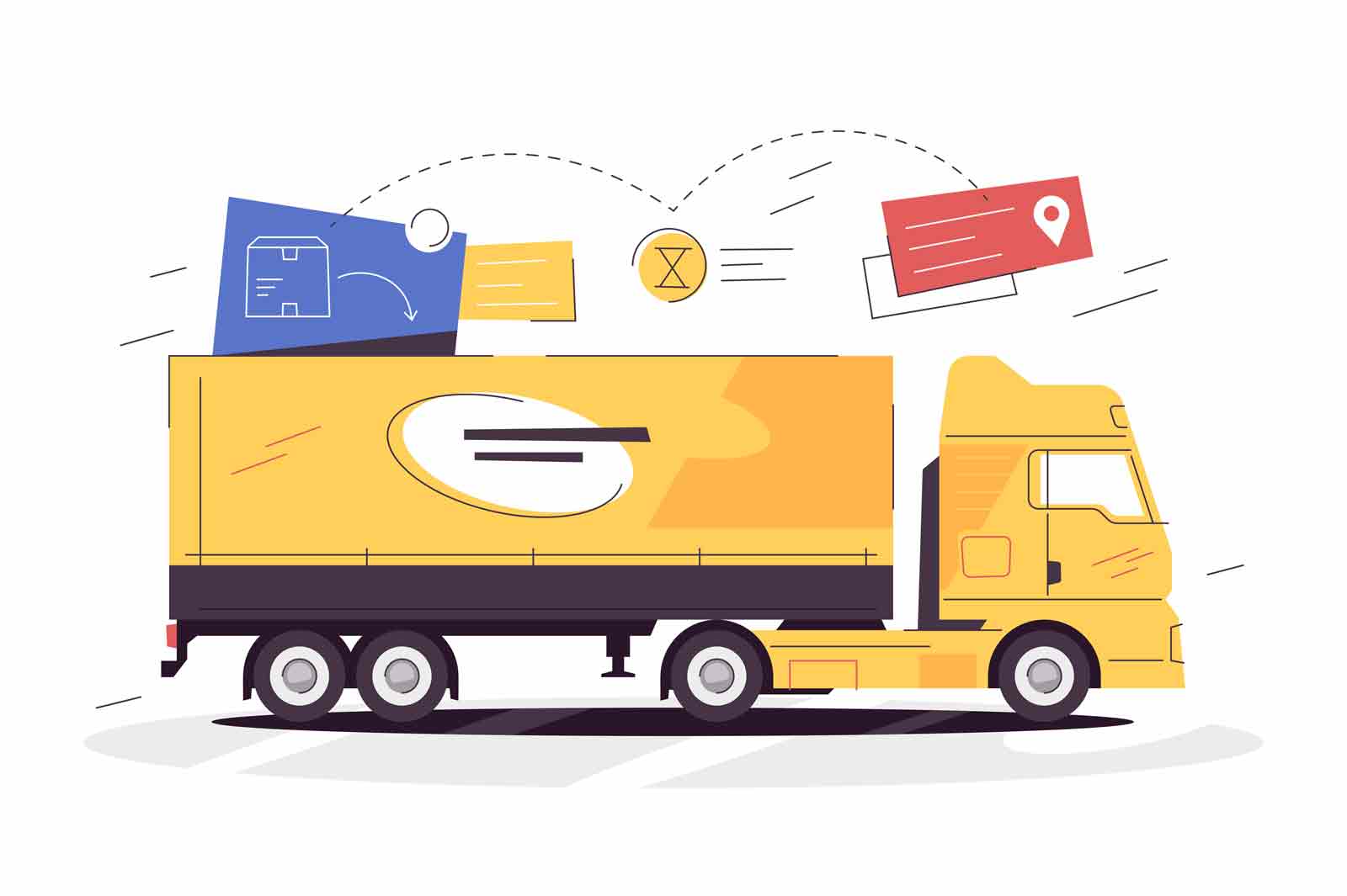 Cargo truck deliver cargo order to destination vector illustration. Yellow truck loaded with boxes flat style. Delivery service concept