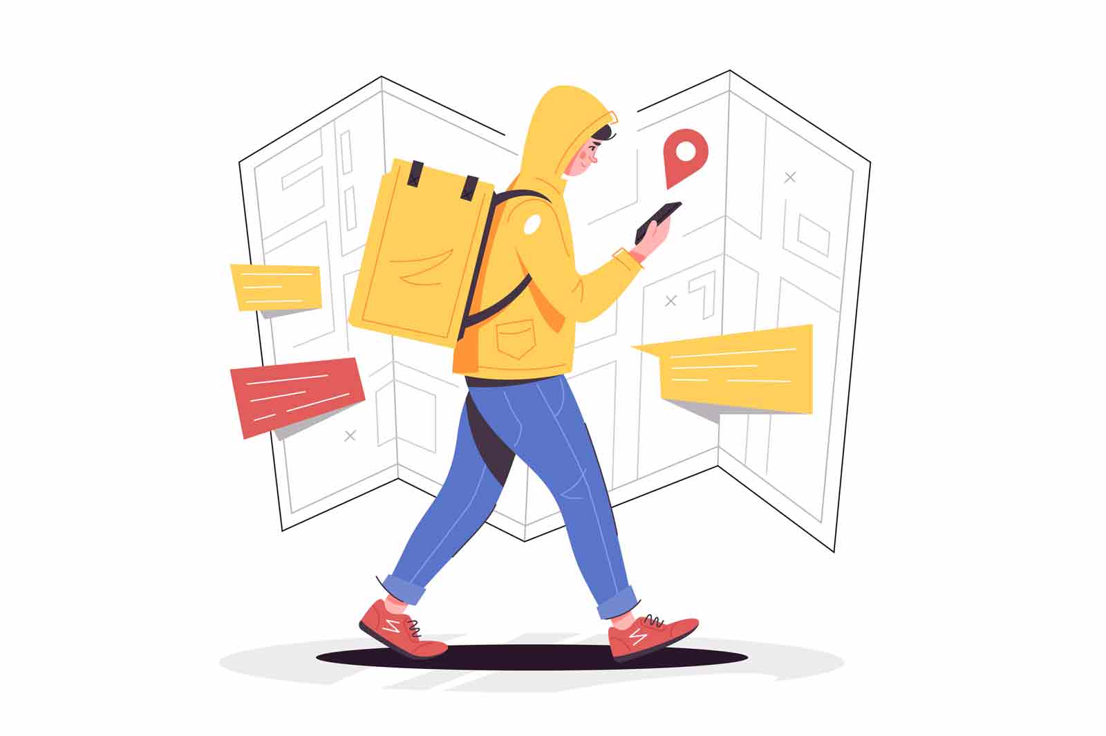 Man work as food courier on foot vector illustration. Follow path by app navigation flat style. Shipping, transfer, delivery service concept