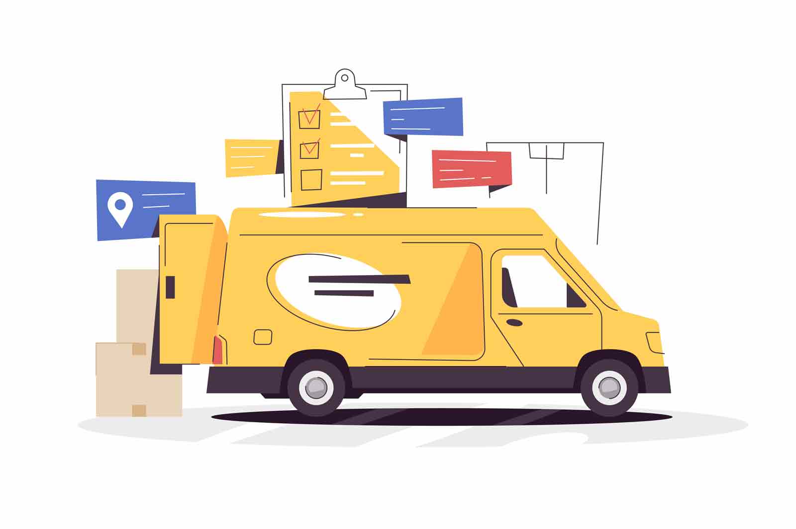 Yellow delivery truck loaded with goods, vector illustration. Courier ride to receiver address flat style. Shipment, delivery concept