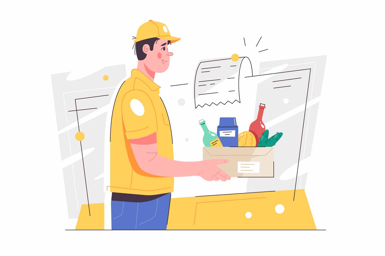 Guy food delivery service worker with product set vector illustration. Worker bring order to address flat style. Delivery service concept