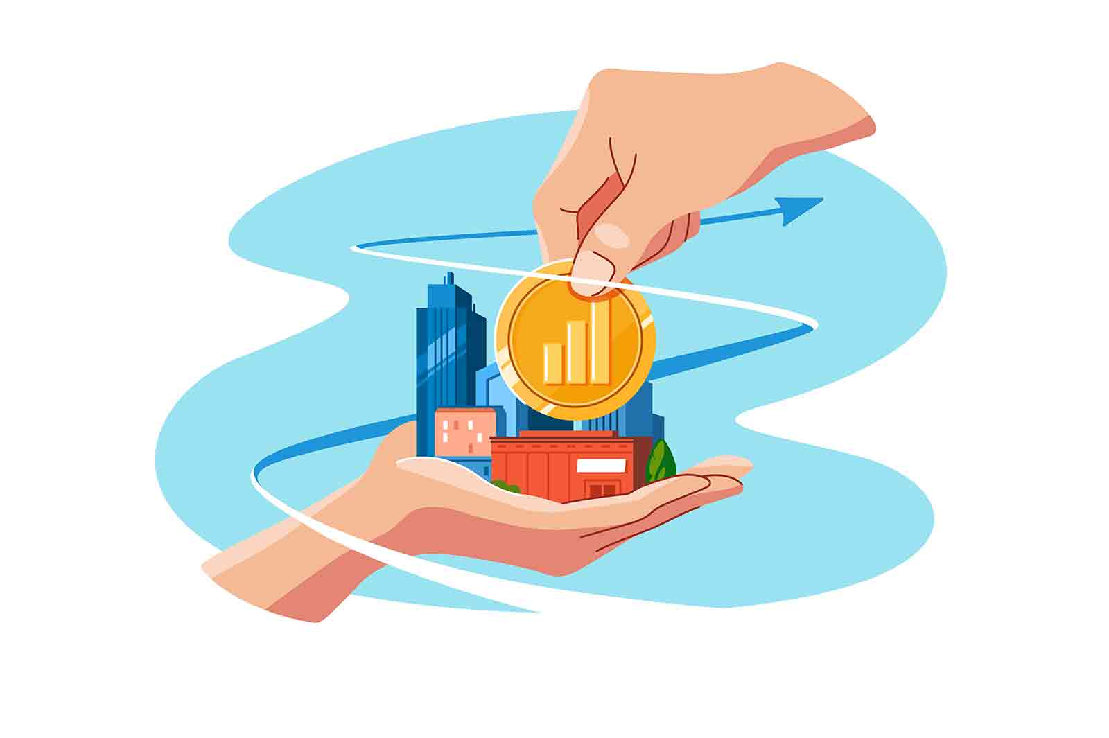 Hand holding coin symbol of investment in real estate vector illustration. Buy and rent accommodation flat style. Invest, property concept