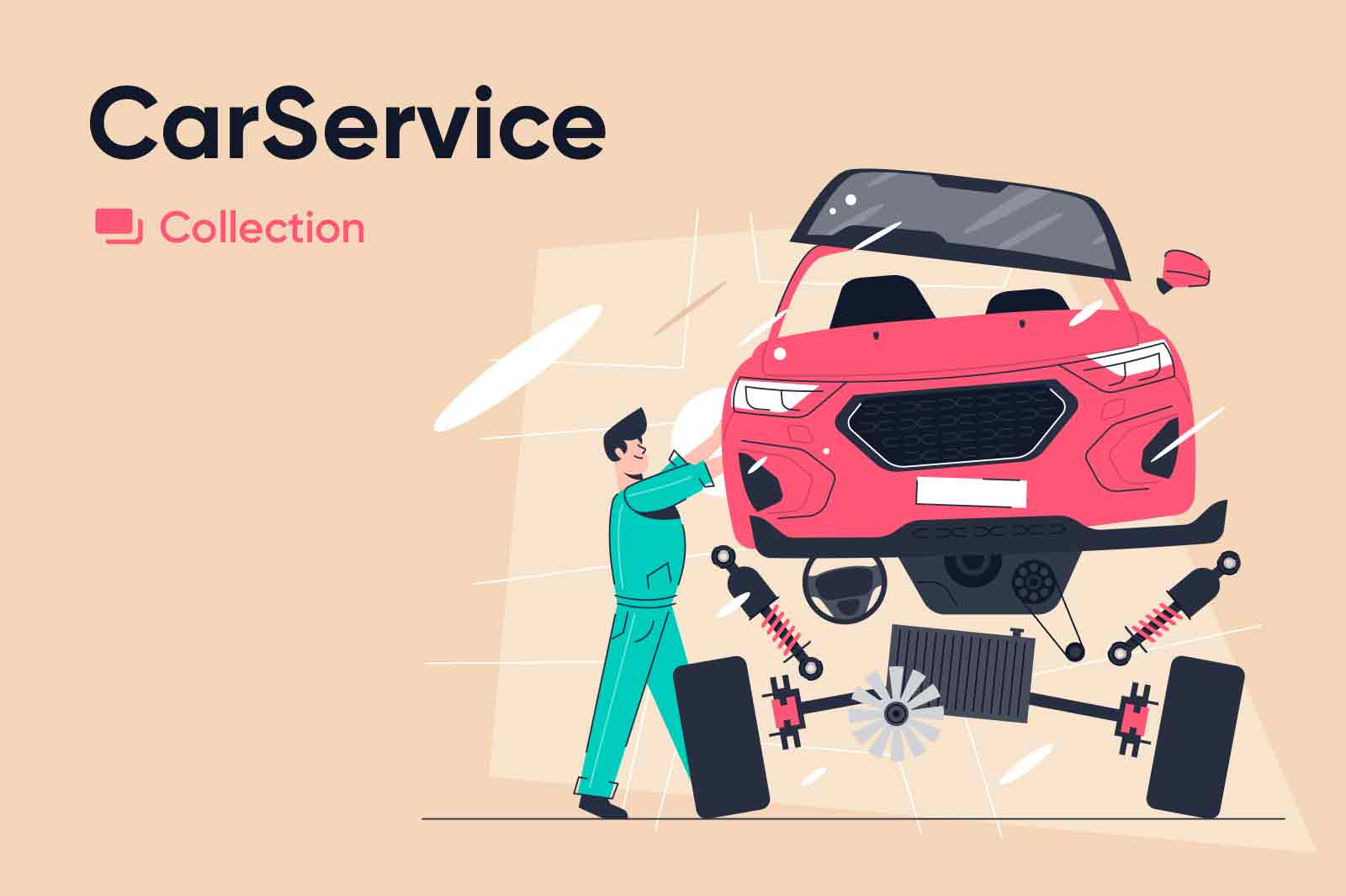 Car service related illustrations: repair, diagnostics, paint, tire change. Vector character illustrations.