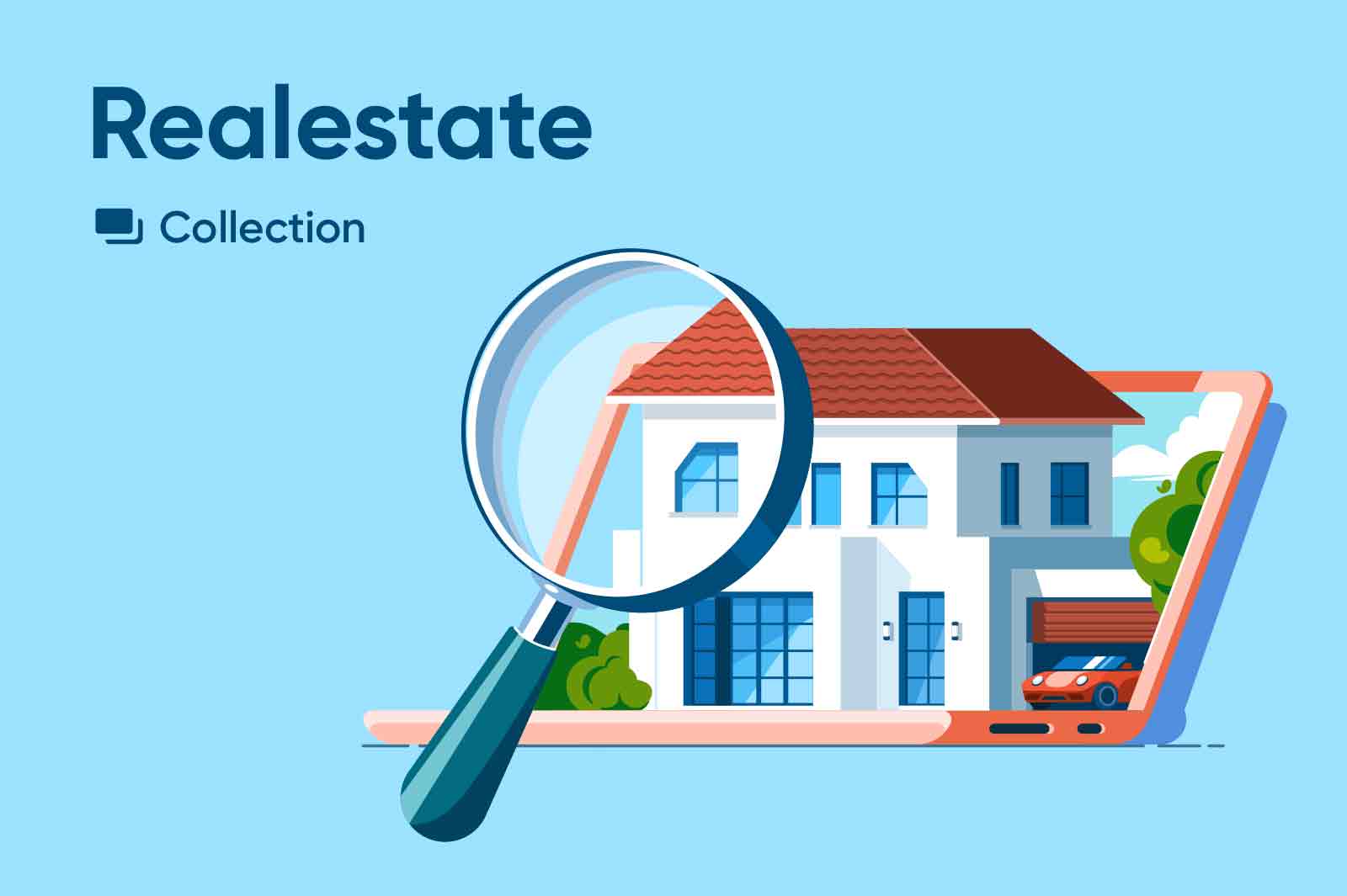 All about real estate: search, prices, purchase, sale. Illustrations about selection of the best option for housing or office.