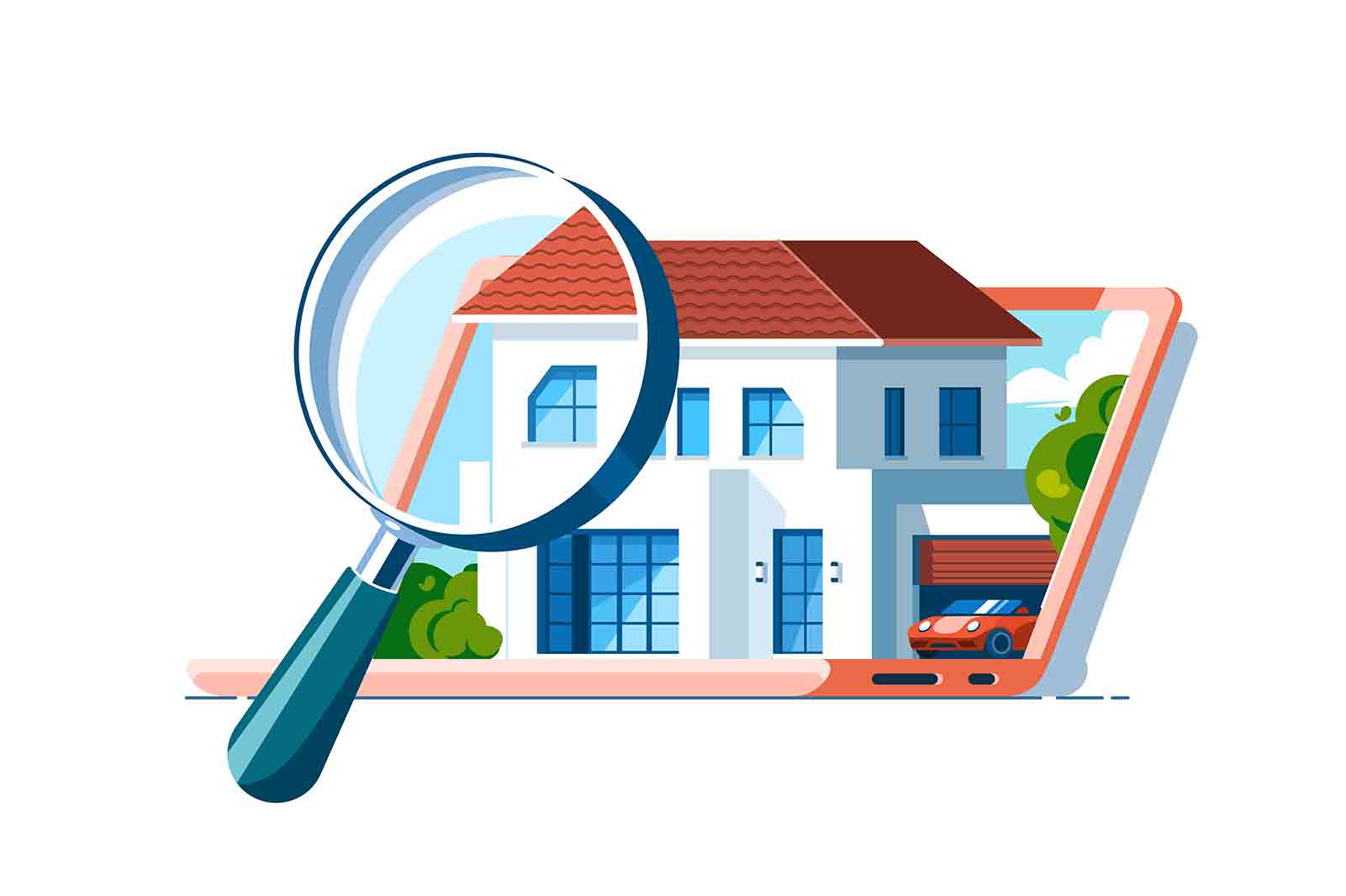 Buy or rent real estate, property online vector illustration. Big house on laptop screen under loupe flat style. Online app for rent concept