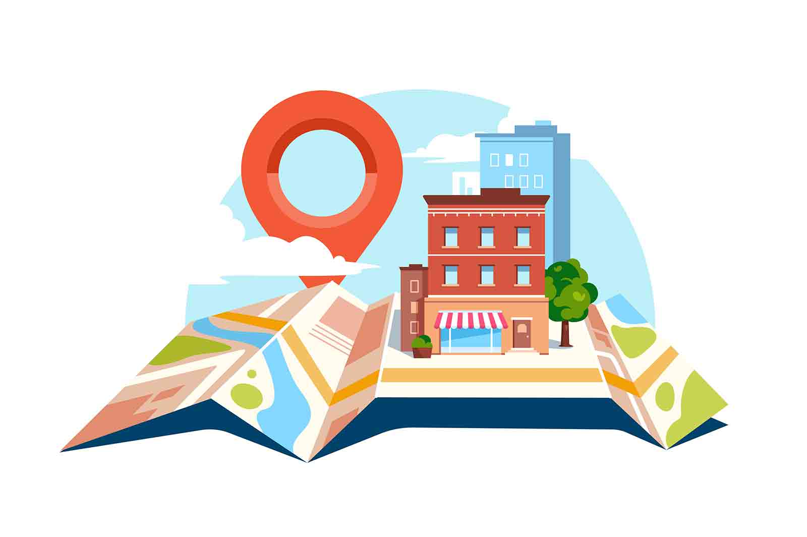 Geolocation city map and gps navigation system vector illustration. Location pin, store and buildings on city map flat style design