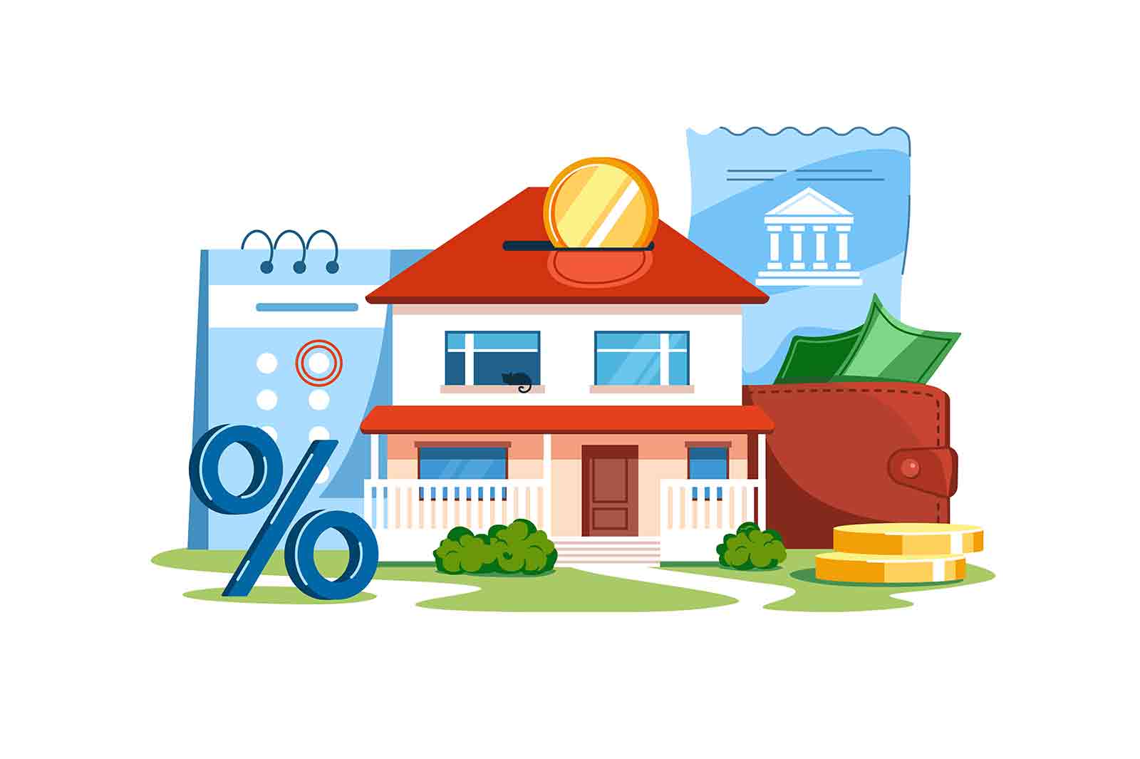 Mortgage house, credit for housing or housing finance vector illustration. Purchasing of habitation on credit flat style. Hypothecation idea