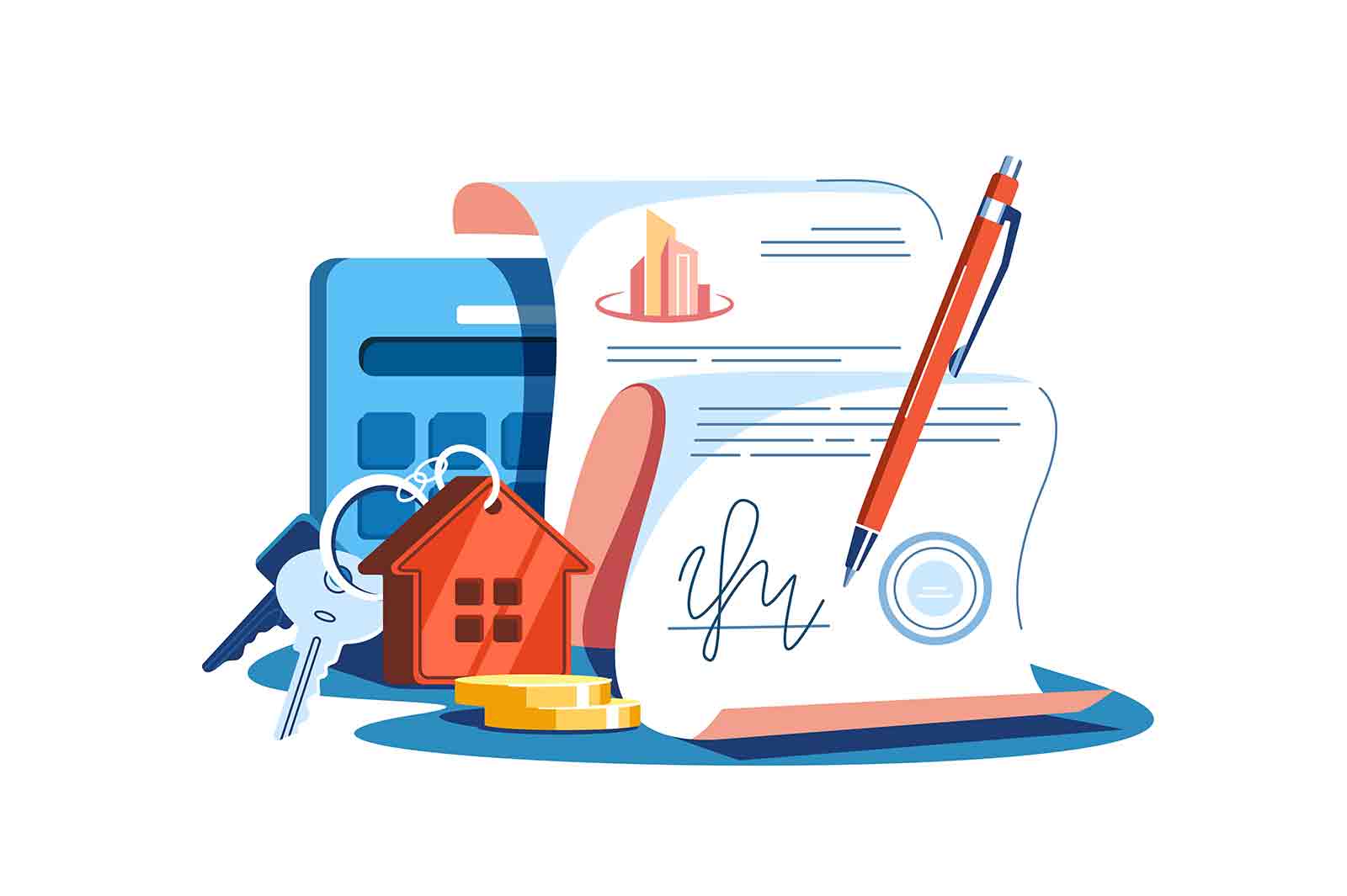 Property for sale and conclusion of treaty vector illustration. Contract papers flat style design. Calculator, papers and bunch of keys, paper work