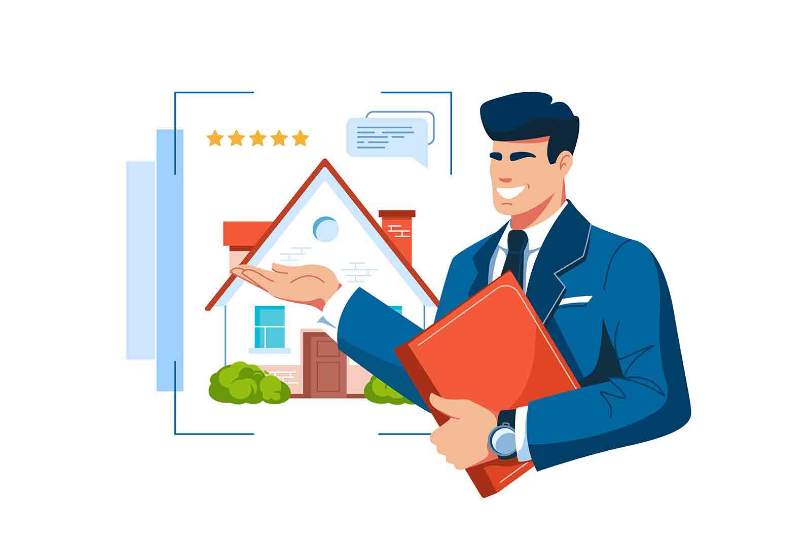 Smiling man realtor worker sell elite houses vector illustration. Present luxury new building flat style. Real estate, accommodation concept