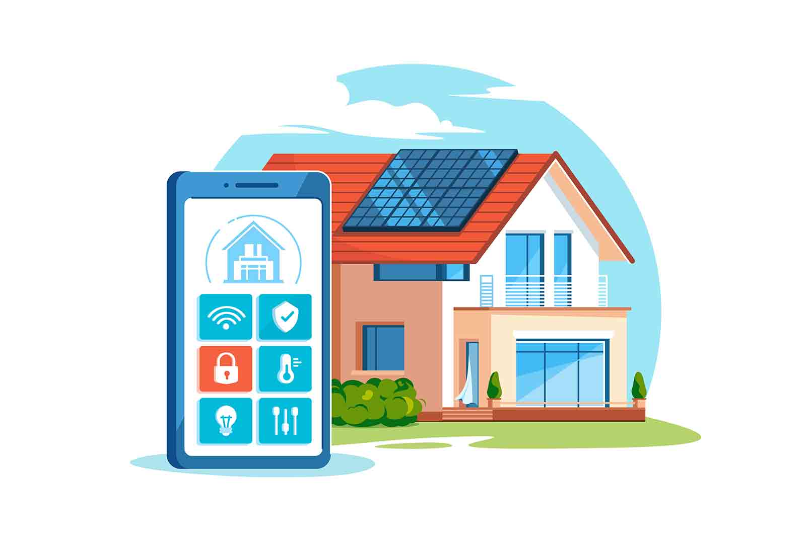 Smart house management system for faster control vector illustration. Control your home via smartphone app flat style. Technology concept