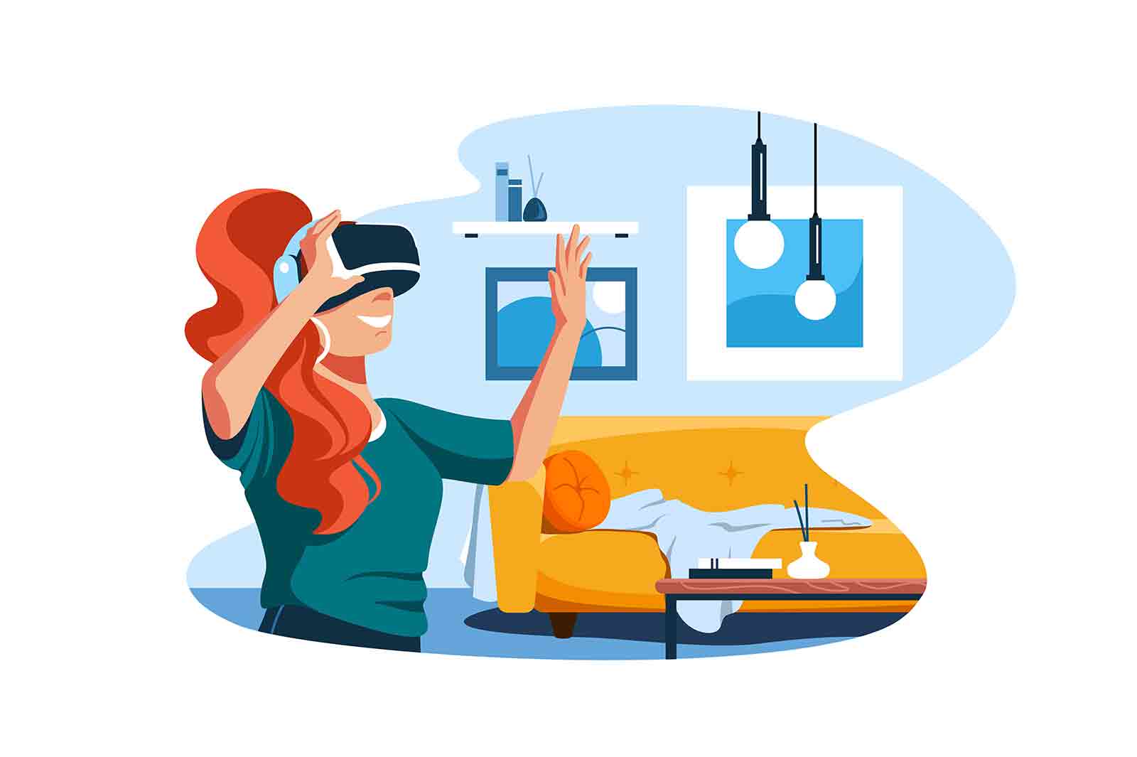 Woman in virtual reality glasses at home. Vr helmet flat style design. Future technology. Entertainment concept