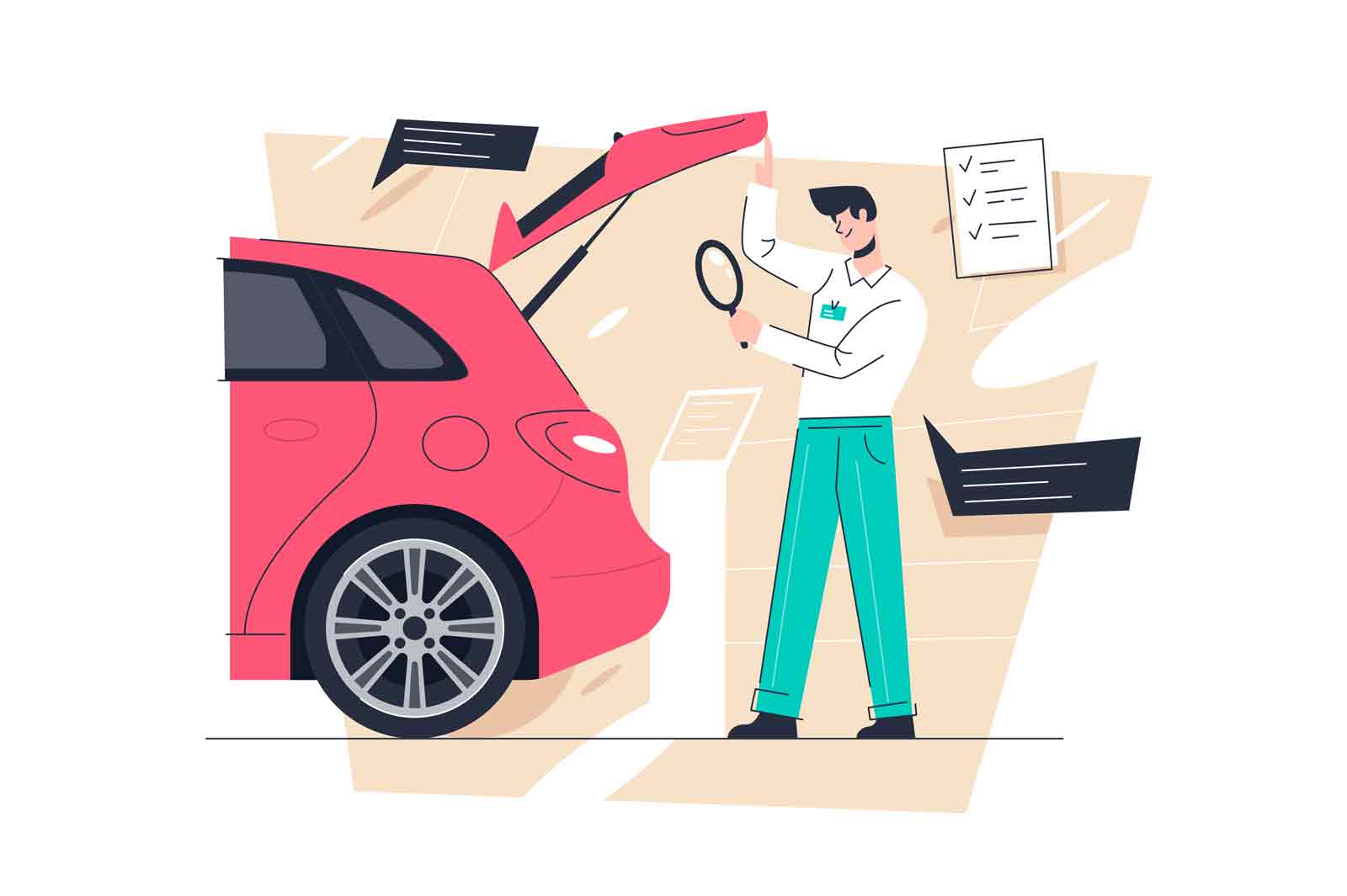 Auto inspection, car diagnostics or garage repair service vector illustration. Vehicle appraisal and autoexpert flat concept