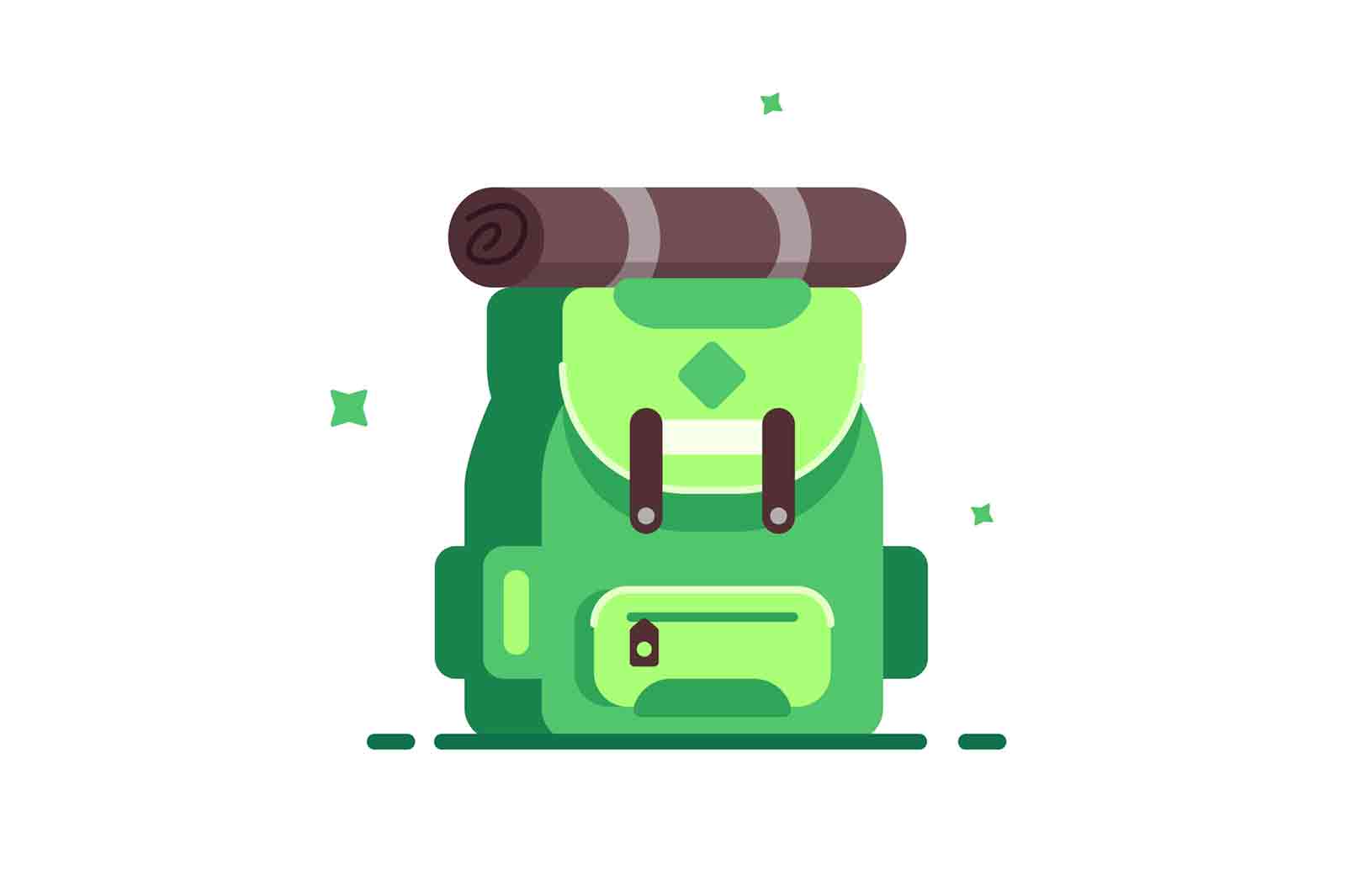 Green modern backpack with attached cargo, with pockets on the sides, isolated on white background, flat vector illustration