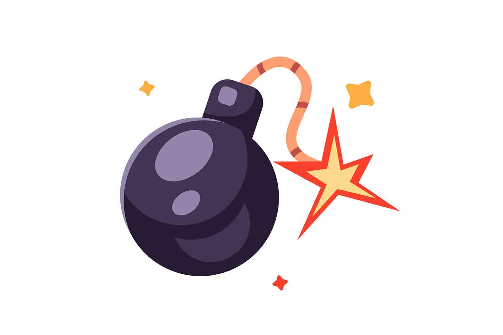 Ignited bomb icon with fuse and spark isolated on white background, flat vector illustration.