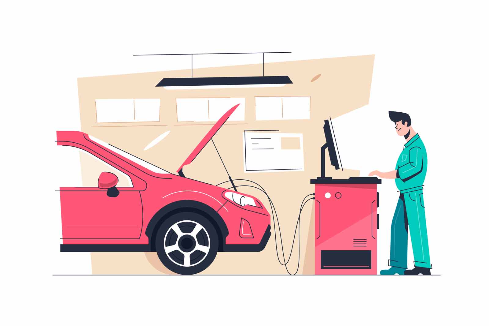 Man mechanic work on car service station and provide diagnostic vector illustration. Worker check car engine flat style. Pit stop concept