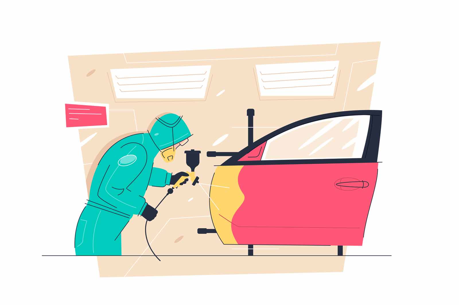 Car painting service and auto fix process vector illustration. Mechanic apply yellow paint flat style. Automotive workshop concept