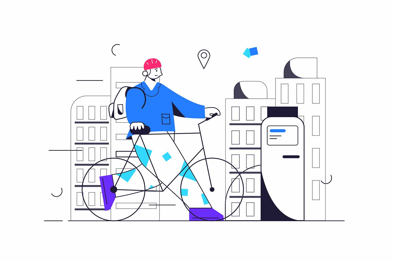 Guy carries a bike to a paid rental parking lot, a guy in a helmet and with a backpack isolated on a white background, flat vector illustration