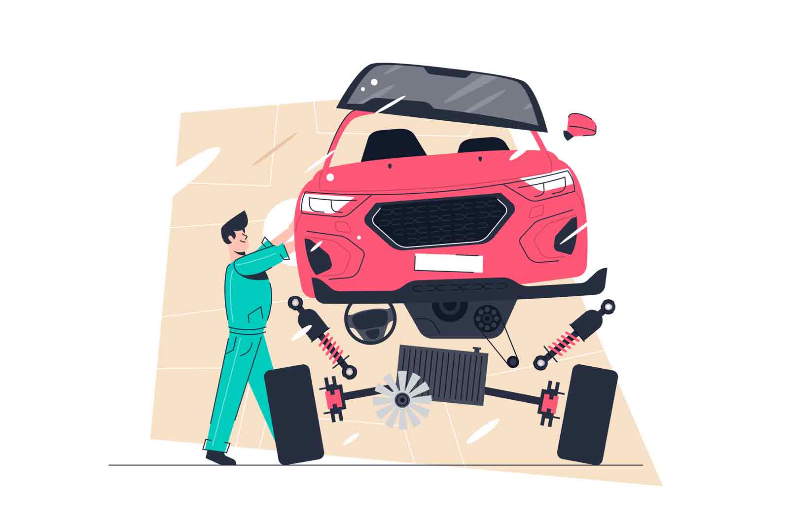 Car repair service, auto diagnostic or maintenance station vector illustration. Automotive technician repairing car in workshop. Auto assembly or disassembly