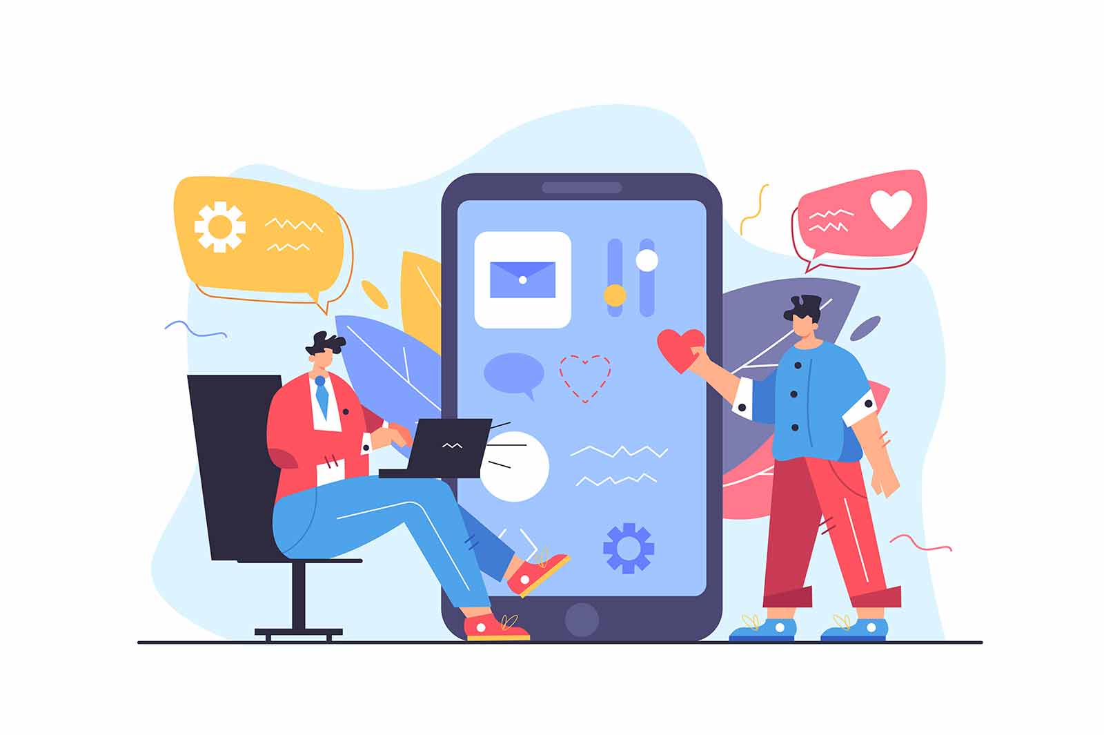 Two guy programmers customize the user interface on a big screen of a mobile phone, flat vector illustration isolated on a white background