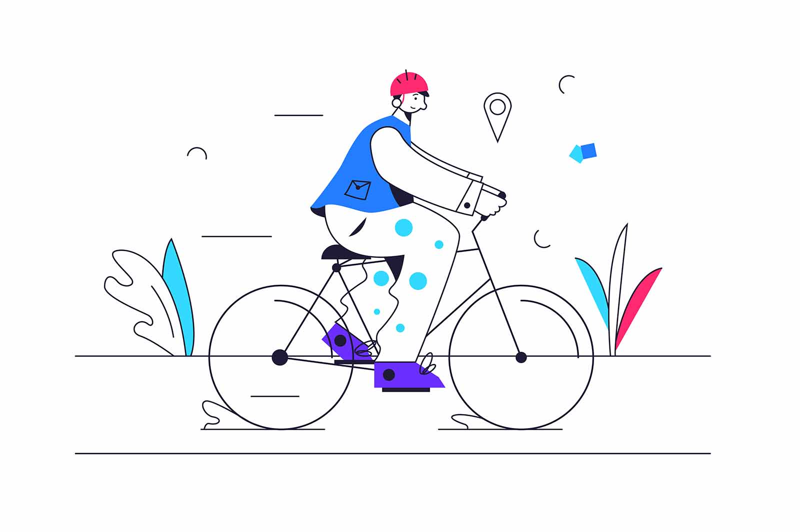 Guy rides a bike on a bike path wearing a helmet isolated on white background, flat vector illustration